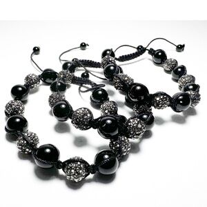 Men Black Silver Rhinestone Ball Shamballa Bracelet 3 pcs